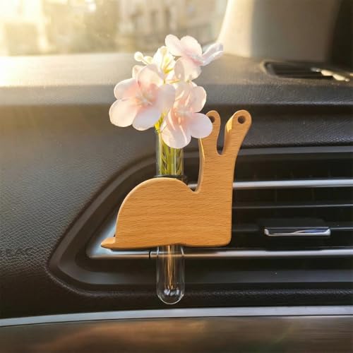 Little Glass Flower Vase Air Vent Clip, Wooden Stand Car Aroma Diffuser, Car Air Vent Decor Plant Holder, Auto Interior Decorations (Beech Snail)