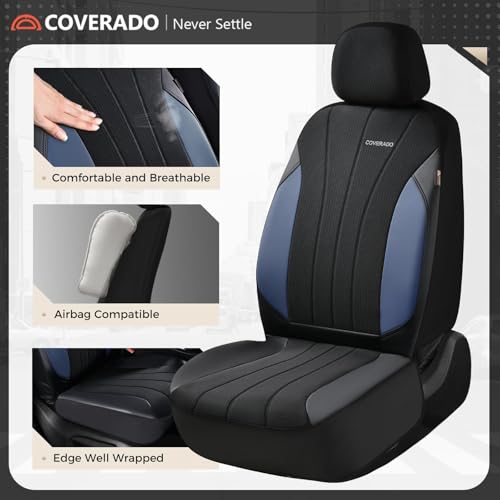 Coverado Seat Covers for Car, Leather Automotive Car Seat Covers 5 Seats, Mesh Breathable Auto Seat Protectors, Driver Seat Covers Universal Fit for SUV, Truck, Vans, Sedan - color: B-Blue&Black