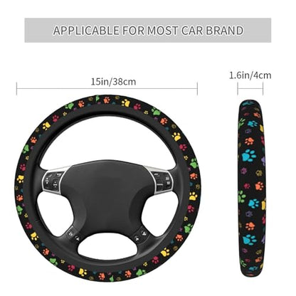 Dog Paw Print Steering Wheel Covers Universal 15 inch Non Slip Neoprene Steering Wheel Protector Cover for Men Women Car Truck - color: Black15