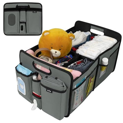 Baby Diaper Caddy Organizer with Changing Mat - Portable Car Caddy for Newborn Essentials, Diapers & Wipes, Perfect for Baby Shower and New Mom | Oxford Fabric, Grey