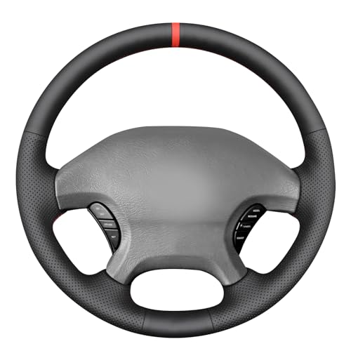 MEWANT Hand Stitch Black Genuine Leather Steering Wheel Cover Wrap for Dodge Ram 1500 2002-2003 Dodge Ram 1500 - color: Black Genuine Leather&Red Stripe&Red Thread