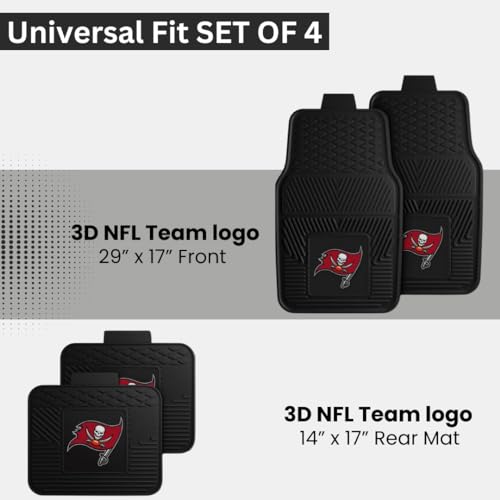 Fanmats Tampa Bay Buccaneers Set of 4 Car Mats for Cars, SUV, Pickups - All Weather Technology Protection, Deep Reservoir Design, Universal Fit - 3D NFL Team Logo - 29”x17” Front - 14” x 17” Rear Mat
