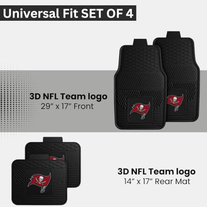 Fanmats Tampa Bay Buccaneers Set of 4 Car Mats for Cars, SUV, Pickups - All Weather Technology Protection, Deep Reservoir Design, Universal Fit - 3D NFL Team Logo - 29”x17” Front - 14” x 17” Rear Mat