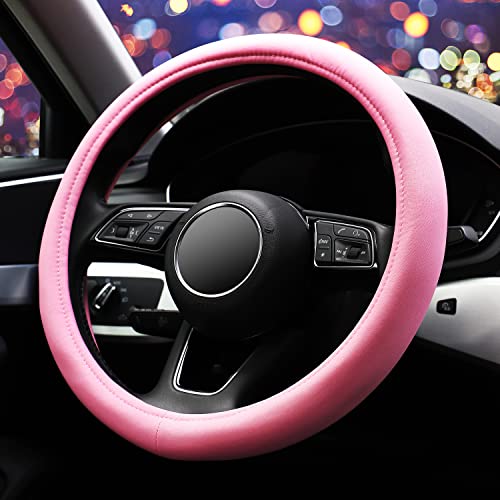 ZHOL Pink Steering Wheel Cover, Universal 15 inch Microfiber Breathable Ice Silk Anti-Slip Car Wheel Protector, Warm in Winter Cool in Summer - color: Pink