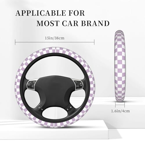 Light Purple Checkered Steering Wheel Cover for Women, Universal Auto Steering Wheel 14-15 Inch Car Interior Accessories with 2PCS Car Coasters, Suitable for Men and Women - color: Light purple