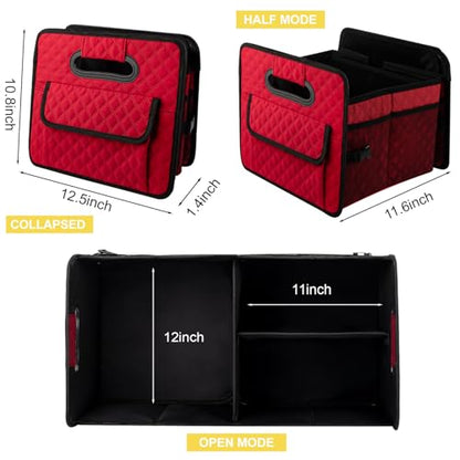 Car Trunk Organizers and Storage for SUV, Collapsible Multi Compartment Container Box Adjustable Car Accessories for Women Men, Red