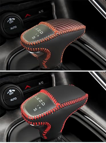 Leather Gear Shift Knob Covers for Dodge Charger Challenger 2015-2023 and Dodge Durango18-23,Carbon Fiber Leather Hand-Stitched Shifter Sleeve - color: Brown Carbon