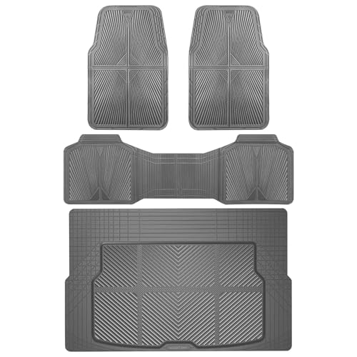 CAR PASS Gray Rubber Floor Mats&Cargo Liner,Waterproof Truck Mats Heavy Duty,All Weather Trim-to-Fit Automotive Mat for Car Truck SUV,Anti-Slip Easy Clean Durable,Full Set 5-Piece,3D Emboss All Grey - color: Gray Cargo Liner