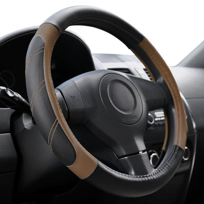 Elantrip Leather Steering Wheel Cover 14 1/2 to 15 inch Universal Padded Soft Grip Breathable for Car Truck SUV Jeep Anti Slip Brown - color: Black and Brown, size: 14 1/2 - 15 Inch