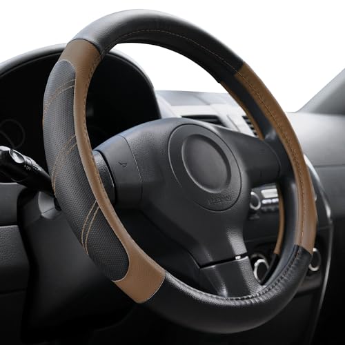 Elantrip Leather Steering Wheel Cover 14 1/2 to 15 inch Universal Padded Soft Grip Breathable for Car Truck SUV Jeep Anti Slip Brown - color: Black and Brown, size: 14 1/2 - 15 Inch