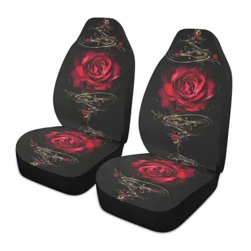 Red Rose Car Seat Covers Set of 2,Vintage Floral Art Flower Print Universal Auto Front Seat Protector Vehicle Seat Cushion Cover for Women Decorative Car Accessories Fit for Car SUV Truck - color: Red