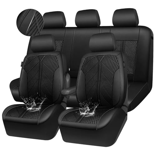 CAR PASS Leather Oxford Car Seat Covers Full Set, All-Weather Non-Slip Durable, Universal Fit for SUVs Sedans Trucks Vans Automotive, Armrest Airbag Compatible, 3D Emboss 5 Black - color: ALL Black-Leather, size: Full Set