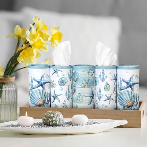 12 Pack Summer Ocean Car Tissue Cylinder Holder Bulk with 3 Ply Facial Tissues Starfish Round Napkin Holders for Cup Holder Cylinder Colorful Travel Paper Tubes Bulk Napkin Boxes Packs - style: Ocean