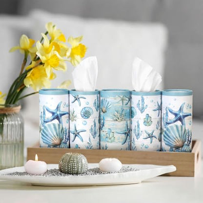 12 Pack Summer Ocean Car Tissue Cylinder Holder Bulk with 3 Ply Facial Tissues Starfish Round Napkin Holders for Cup Holder Cylinder Colorful Travel Paper Tubes Bulk Napkin Boxes Packs - style: Ocean