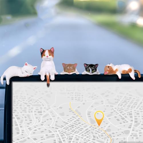 Tucnoeu 5pcs Cute Cat Fingurine Computer Monitor Decor, Mini Cat Figurines, Car Accessories Interior, Mini Resin Cats for Computer Monitors, Car Screens, Desks - color: White
