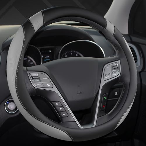 Customized Auto Car Steering Wheel Cover for Hyundai,Tucson,Sonata,Elantra,Santa Fe,Genesis,Sonata Hybrid,Azera,Venue,Kona, 14.5-15 inches(Black+Gray - Standard Size)