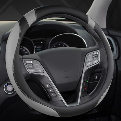Customized Auto Car Steering Wheel Cover for Hyundai,Tucson,Sonata,Elantra,Santa Fe,Genesis,Sonata Hybrid,Azera,Venue,Kona, 14.5-15 inches(Black+Gray - Standard Size)