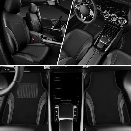 CAR PASS Premium Carbon Fiber Leather Car Seat Covers Full Set and Waterproof Car Floor Mats,Airbag Compatible,Automotive Interior Covers for Sedans,Trucks,Vans,SUV with Car Carpet Mats(Black) - color: Pure Black