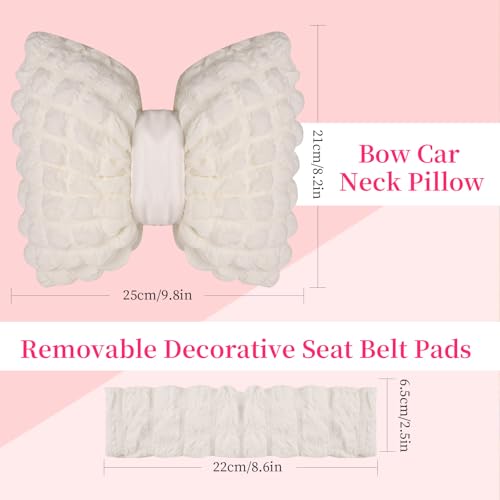 Bak Bo 4 Pack Car Neck Pillow with Seat Belt Covers, White Bow Car Headrest Pillow, Cute Girl Butterfly Shaped Car Seat Decoration Accessory for Driving Travel JZ-WT4