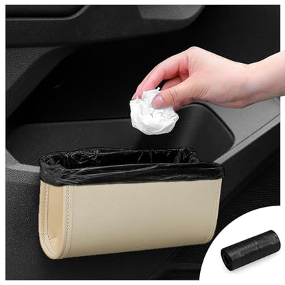 Car Trash Can, Beige Universal Leather Foldable Leakproof Garbage Bins Organizer Holder with One Roll Trash Bag, Car Seat Back Storage Box for Most Vehicles - color: Beige