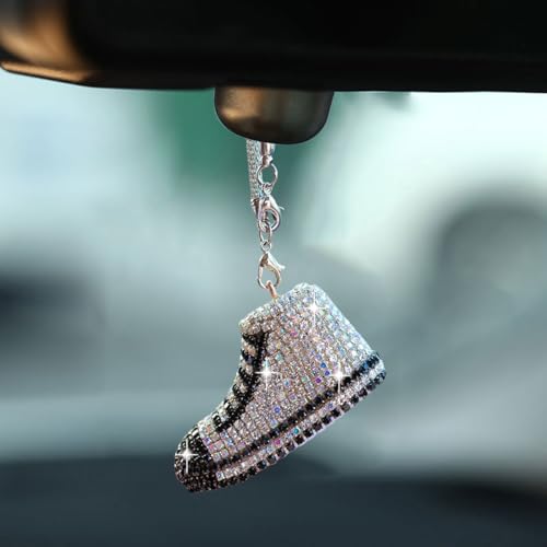 Bling Sneaker Shoe Sparkly Car Hanging Ornament, Cute Crystal Rear View Mirror Pendant, Diamond Rearview Mirror Charms, Lucky Car Interior Decor Accessories (White) - color: White