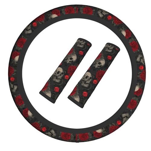 Halloween Skull Steering Wheel Cover Elastic Non-Slip Car Steering Wheel Covers with Seat Belt Shoulder Pad for Women Men - color: Halloween Skull