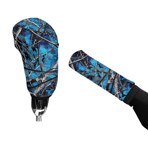 Blue Camo Hunting Forest Car Gear Shift Cover and Handbrake Covers Set 2 Piece Anti-Slip Car Handbrake Cover with Gear Shift Knob Covers Universal Fit for Most Vehicles - color: Camo Hunting Forest Blue