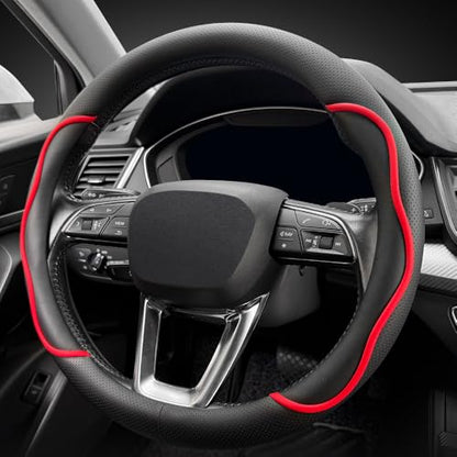 Nappa Leather Steering Wheel Cover. Stylish Striped Design, Universal fit for 14.5–15-inch Steering Wheels, Slip-Resistant and Breathable, Protects the Steering Wheel. Black and red - color: Black and red