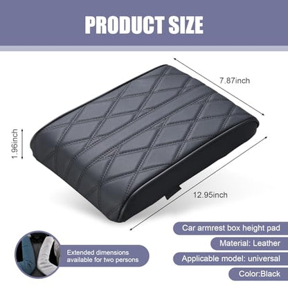 Pack-1 Car Armrest Box Booster Pad, 12.5" x 8.6" x 1.9" Memory Foam Leather Relieve Elbow Pressure Cushion, 3D Diamond Lattice Non-Slip Breathable Protection, Universal for Cars (Black)