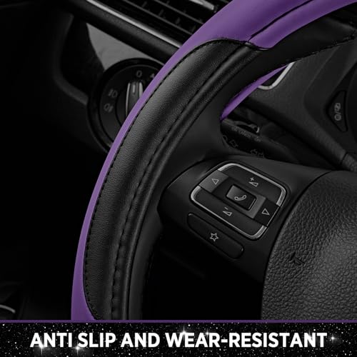 Road Comforts Leather Steering Wheel Cover - Made with PVC Leather - Anti-Slip, Universal Fit 14 1/2 inches to 15 inches - Purple - color: Purple