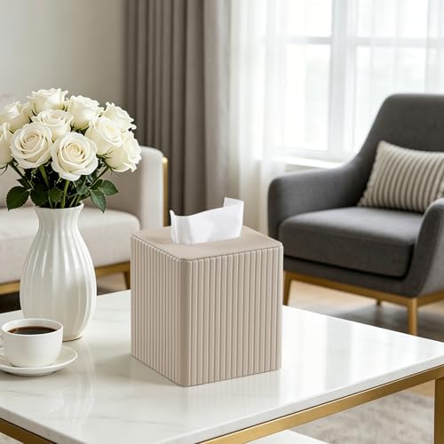 PU Leather Tissue Box Cover Square Tissue Box Holder with Magnetic Closure (Beige Fluted) - color: Beige Fluted
