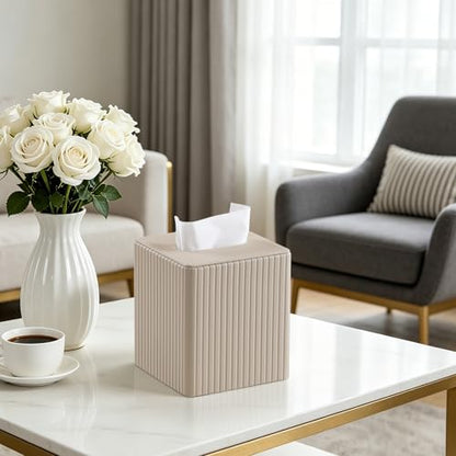 PU Leather Tissue Box Cover Square Tissue Box Holder with Magnetic Closure (Beige Fluted) - color: Beige Fluted