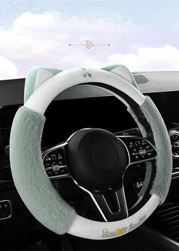 Fluffy and Comfortable with Ears, Cute Plush Cartoon Steering Wheel Cover O-Shape,D-Shape OD 15 inches/38cm (Green, O-Type) - color: Green, size: O-type