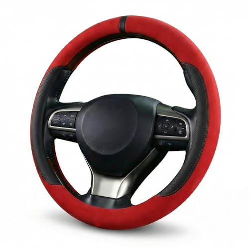 Suede & Napa Leather Steering Wheel Cover for Men Women, Universal Fit 14.5" to 15", Sweat-Absorbent Breathable Auto Protector for Summer & Winter Driving, Odorless Car Accessories (Red) - color: Red