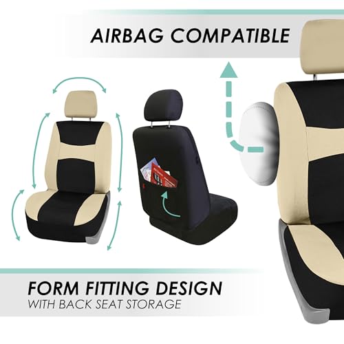 FH Group Car Seat Covers Full Set Cloth - Universal Fit, Automotive Seat Covers, Low Back Front Seat Covers, Airbag Compatible, Split Bench Rear Seat, Car Seat Cover for SUV, Sedan, Van Beige - color: Beige, style: Full Set