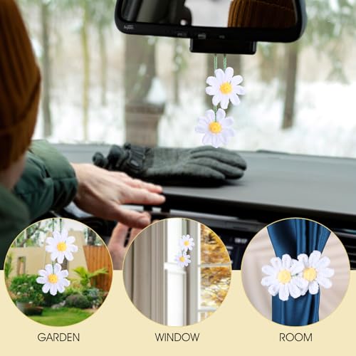 Ymapinc Crochet Car Accessories, Cute Hanging Rear View Mirror Decor Daisy Flower Charm for Women Handmade Knitted BOHO Aesthetic Pendant(Cotton)