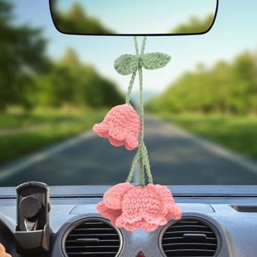 Crochet Lily of The Valley Mirror Hanging Ornament for Cars, Cute Hand Knitted Flower Rear View Mirror Car Charm, Hanging Pendant Decor Car Accessories for Women (Pink) - color: Pink