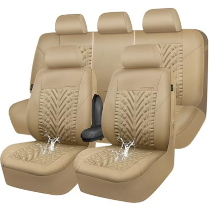 CAR PASS Neoprene Waterproof Seat Covers Full Sets, Wetsuit Car Seat Covers 5 Seats Universal Fit for Vans, Truck, SUV, 3D Tyre Embossed Seat Covers Anti Slip with Armrests, Aibag Compatible All Beige - color: all Beige Neoprene, size: Full sets