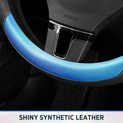 Road Comforts Steering Wheel Cover – Breathable Leather Steering Wheel Cover, Anti-Slip Grip, Universal Fit 14.5” to 15”, Heat & Cold Resistant for Cars, SUVs, and Trucks – Black & Metallic Blue - color: Black&Metallic Blue