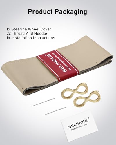 BELINOUS Leather Steering Wheel Cover Lace Up, Stitch on Steering Wheel Wrap, Universal Fit 13-20 Inch Car Truck Pickup Boat, A Whole Piece of Cowhide, DIY w/Needle Thread (Size M0, Light Beige) - color: Light Beige, size: M0