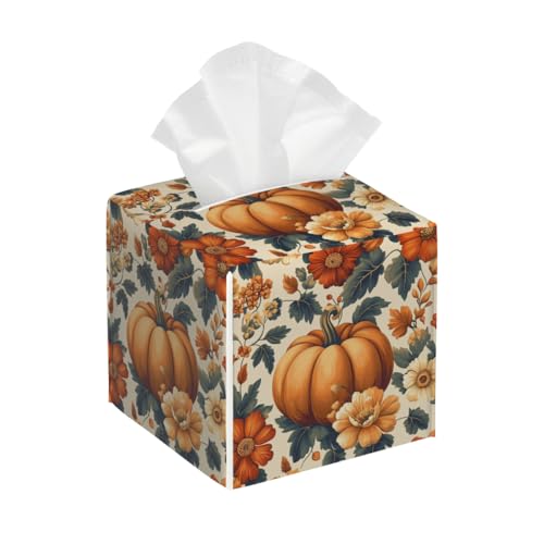 Thanksgiving Tissue Box Cover PU Leather Square Tissues Holder Autumn Pumpkin Fall Boho Floral Decorative Facial Paper Organizer Dispenser for Bedroom Bathroom Vanity,Home Office Car - color: Beige Orange