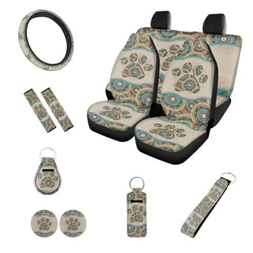 Aztec Tribal Dog Paw Car Seat Covers Front Back Seat Protection 12 Pack Set of Vehicle Interior Seat Mat Boho Pet Paw Auto Steering Wheel Cover Seat Belt Keys Ring,Universal Fit Cars,Truck,SUV - color: Bohemian Dog Paw