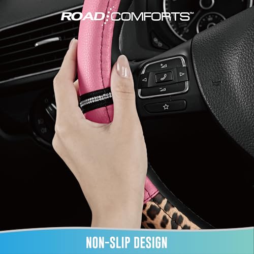 Road Comforts Leopard Steering Wheel Cover for Women, Cute Anti-Slip Microfiber Leather, Universal Fit 14.5-15 Inch Round Steering Wheel - Pink - color: Round Pink