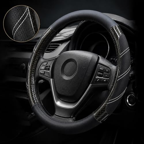 Elantrip Sport Leather Steering Wheel Cover 14 1/2 inch to 15 inch Universal, Padded Soft Grip Breathable for Car Truck SUV Jeep, Anti Slip Odorless Carbon Fiber Black - color: Carbon Fiber Black, size: 14 1/2 - 15 Inch