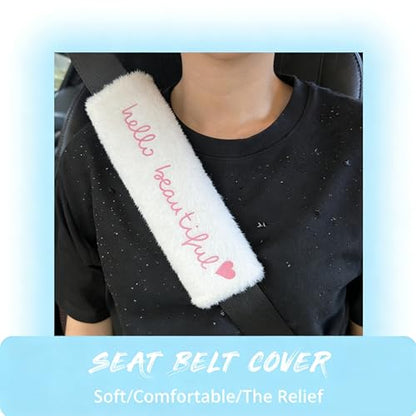 Hello Beautiful Seat Belt Strap Cover Pad, Cute Inspirational Interior Car Accessories Decor, Auto Car Vehicle SUV 2026, White Fluffy Shoulder Neck Cushion Protector for Women Girls, 2 PCS