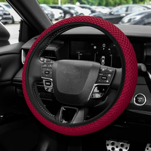 Elastic Stretch Steering Wheel Cover, Steering Wheel Protector, 15 Inch Anti-Slip Breathable Microfiber Ice Silk Protection, Easy Carry, Warm in Winter & Cool in Summer for Cars (Wine Red) - color: Wine Red