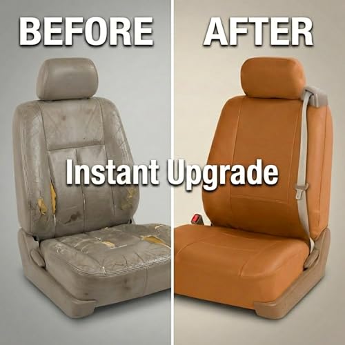 FH Group PU309102 All-Purpose Built-in Seat Belt PU Leather Seat Covers (Tan) Front Set – Universal Fit for Cars Trucks & SUVs - color: Tan - Low Back (Faux Leather), size: Front Set