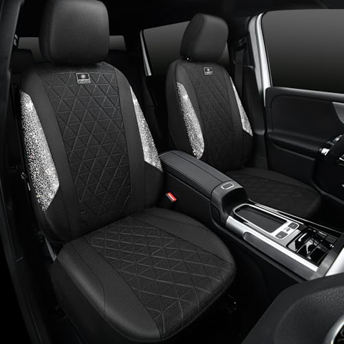 CAR PASS Oxford Bling Diamond Car Seat Covers 2 Front Interior Sets, Waterproof Shining Glitter Sparkly Crystal Universal Armrest Fit 95% Automotive Truck SUV Cute Women Girl, Black Silver Rhinestone - color: Sliver&Oxford, size: Two Front Seats