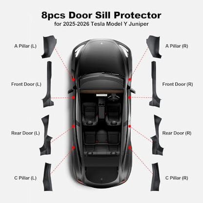 8PCS Door Sill Protector for 5-Seats Tesla Model Y Juniper 2025-2026 - Anti-Kick Carbon Fiber Pattern Entry Guard - Anti-Scuff Waterproof Door Cover - No Drill Installation ABS Hard Interior Kick Pad