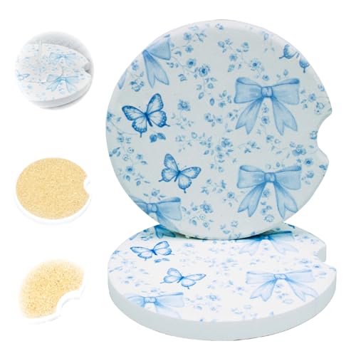 Ceramic Car Coasters, 2 Pack, 2.64" Absorbent Car Cup Holder Coasters, Cute Ceramic Car Coasters for Women, Blue Butterfly & Bow Pattern - color: Blue Butterfly Bow
